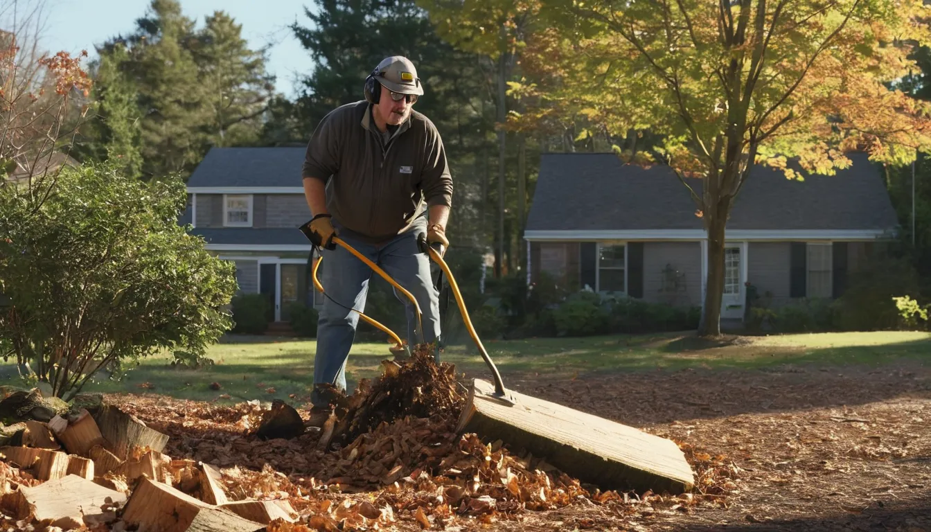 Stump grinder cutting an old tree stump in a residential yard in Clifton